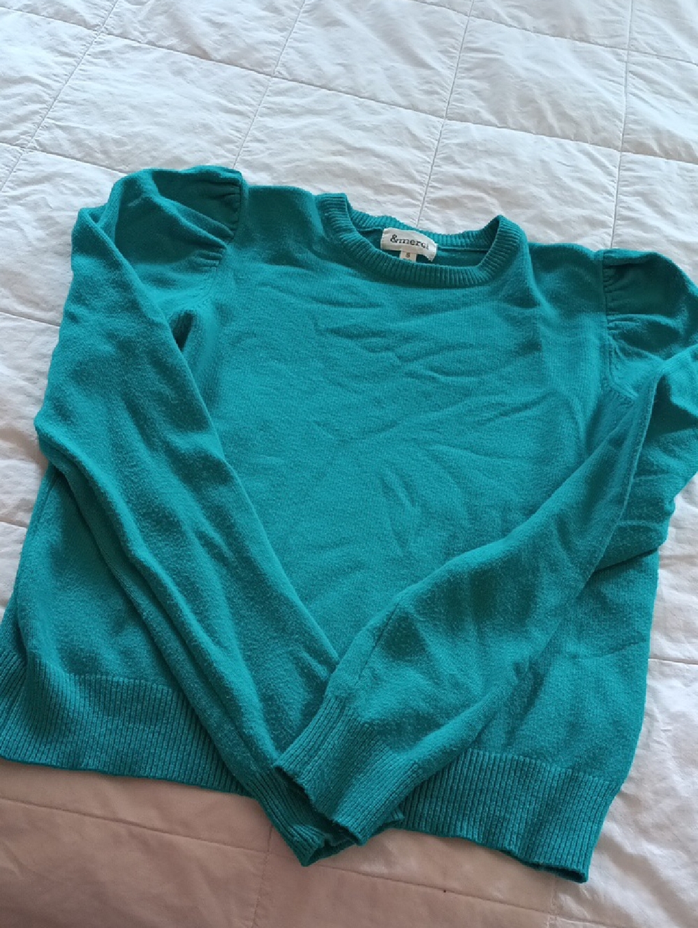 Women's Teal Puff-Sleeve Crewneck Sweater &MERCI